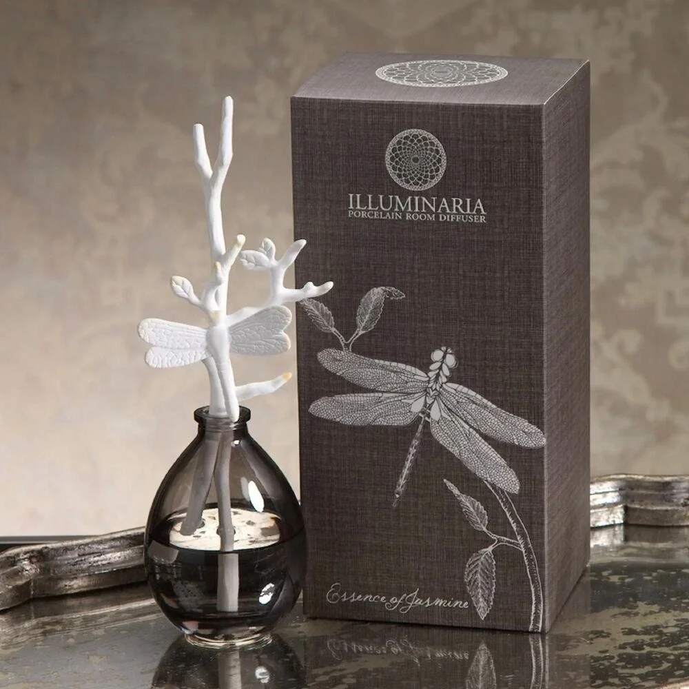 ILLUMINARIA Porcelain Room Diffuser Essence of Jasmine Gray White Dragonfly NEW